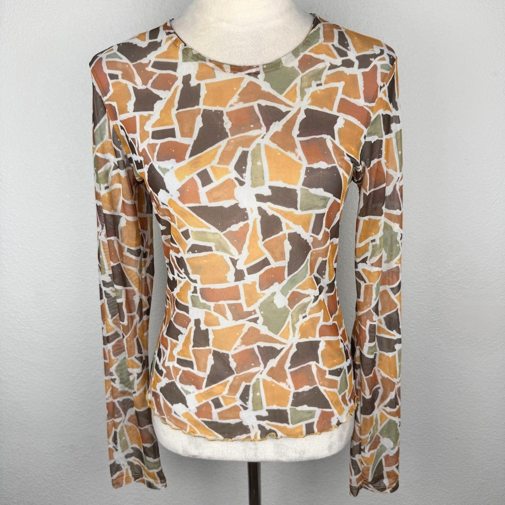 Inamorata Womens Earth Tone Mosaic Geometric Sheer Mesh Long Sleeve Top Sz Large